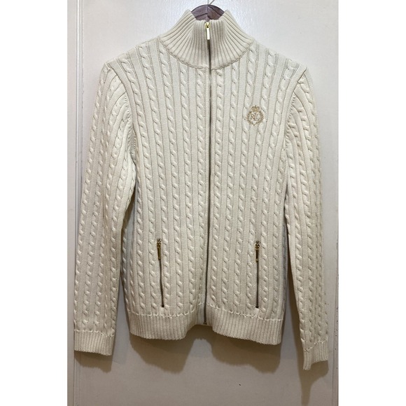 Ralph Lauren Womens Cardigan Zip Sweater LRL Gold Crest XL Ivory Cable Knit Prep - Picture 1 of 12